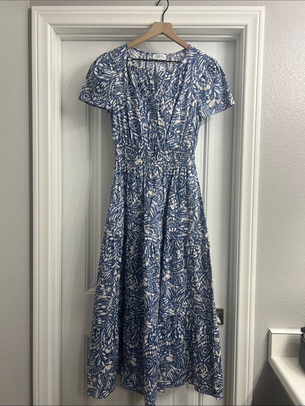 Blue Floral Tiered Maxi Dress with Smocked Waist